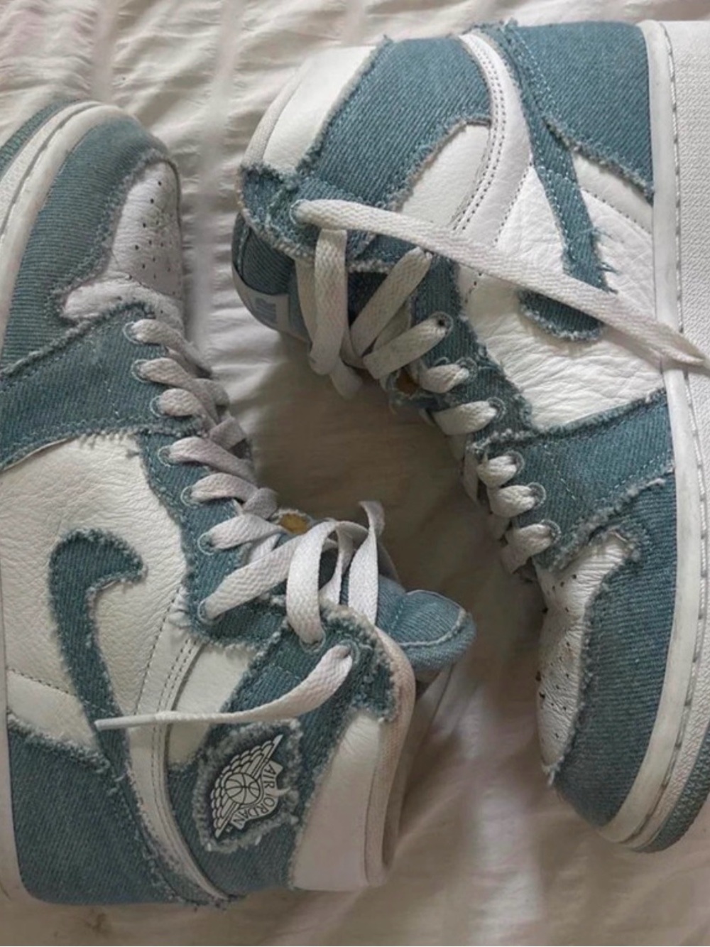 Jordan High-Top Sneakers White and Teal Denim